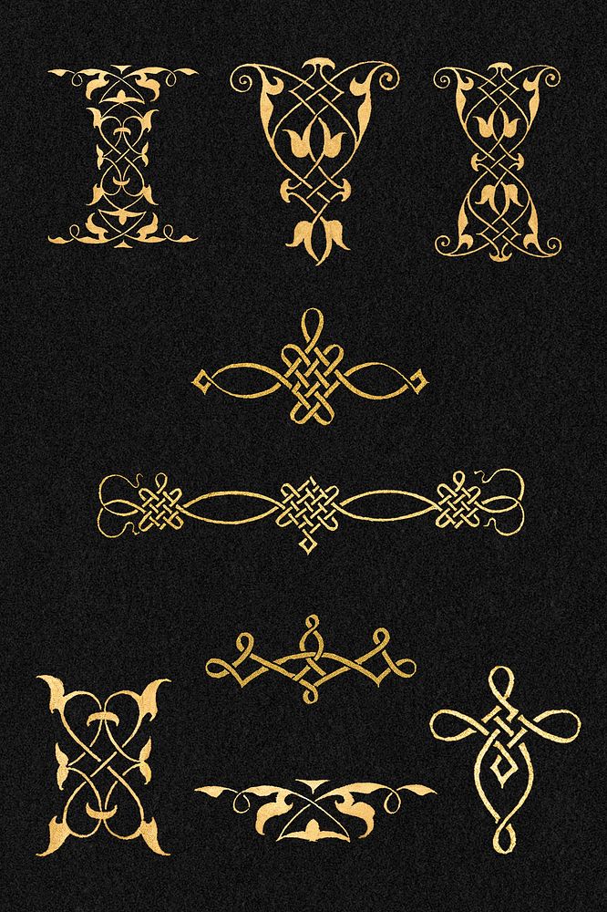 Gold psd vintage ornamental element set, remix from The Model Book of Calligraphy Joris Hoefnagel and Georg Bocskay