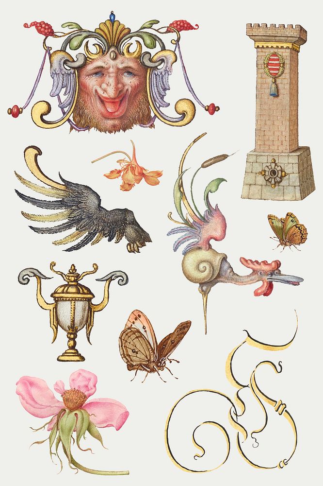 Victorian ornamental decorative object vector set, remix from The Model Book of Calligraphy Joris Hoefnagel and Georg Bocskay