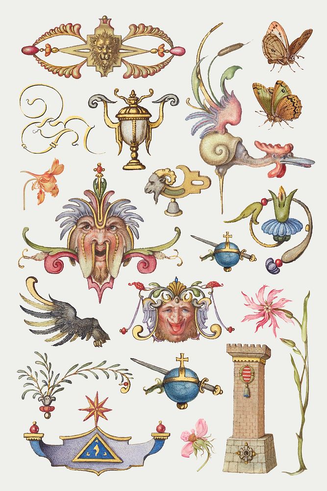 Victorian ornamental decorative object vector set, remix from The Model Book of Calligraphy Joris Hoefnagel and Georg Bocskay