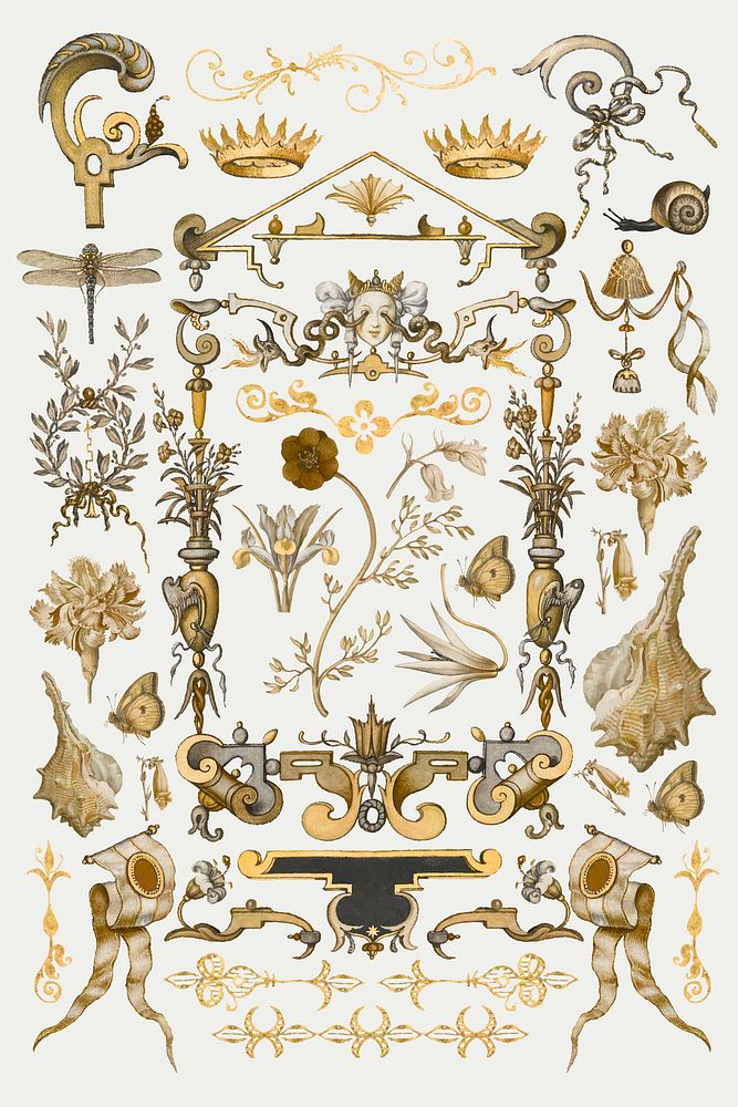 Gold antique Victorian decorative vector ornament set, remix from The Model Book of Calligraphy Joris Hoefnagel and Georg…