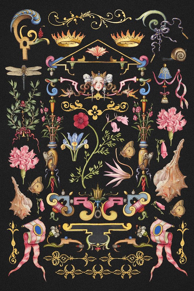 Victorian objects ornamental set, remix from The Model Book of Calligraphy Joris Hoefnagel and Georg Bocskay