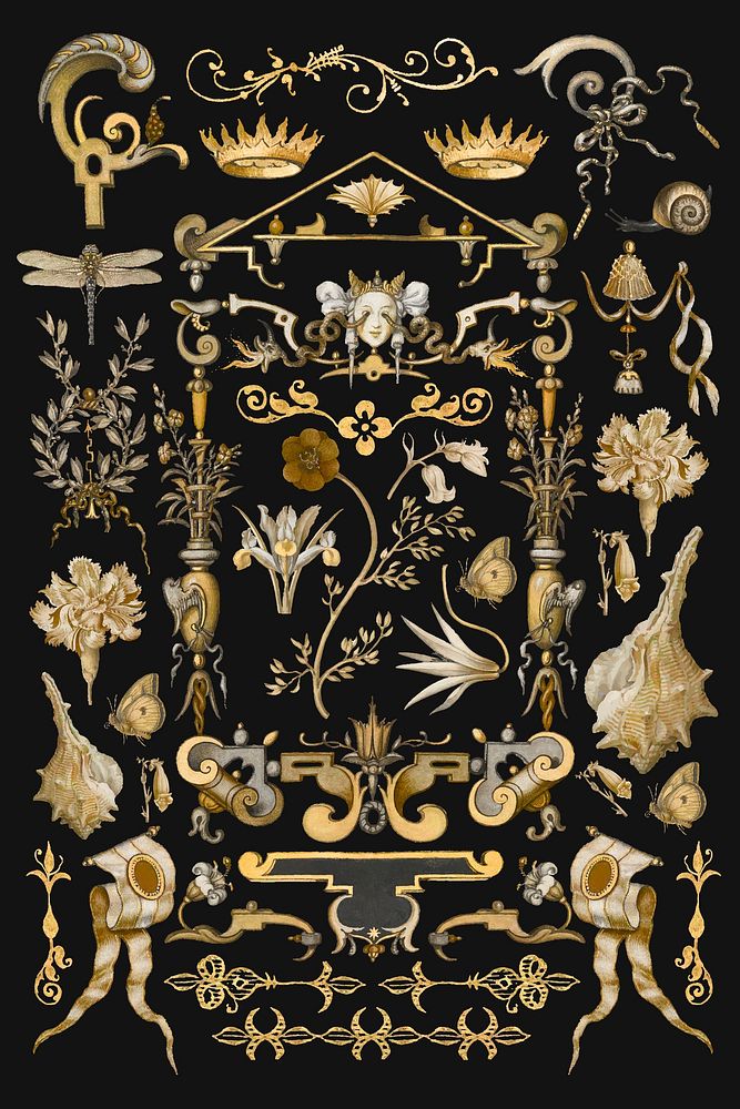 Gold antique Victorian vector decorative ornament set, remix from The Model Book of Calligraphy Joris Hoefnagel and Georg…