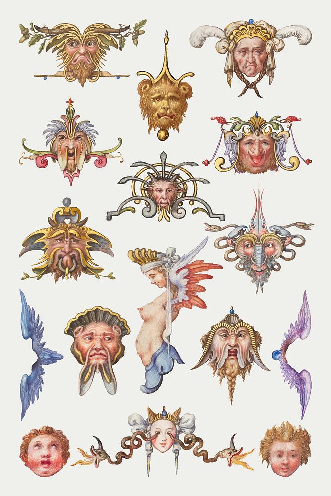 Troll cherub medieval mythical creature set, remix from The Model Book of Calligraphy Joris Hoefnagel and Georg Bocskay