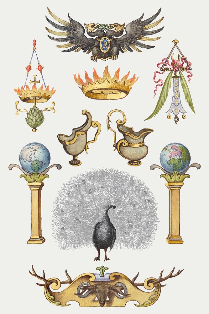 Antique ornamental medieval object vector set, remix from The Model Book of Calligraphy Joris Hoefnagel and Georg Bocskay