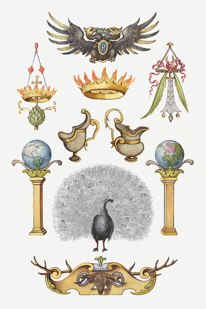 Victorian ornamental objects hand drawn, remix from The Model Book of Calligraphy Joris Hoefnagel and Georg Bocskay