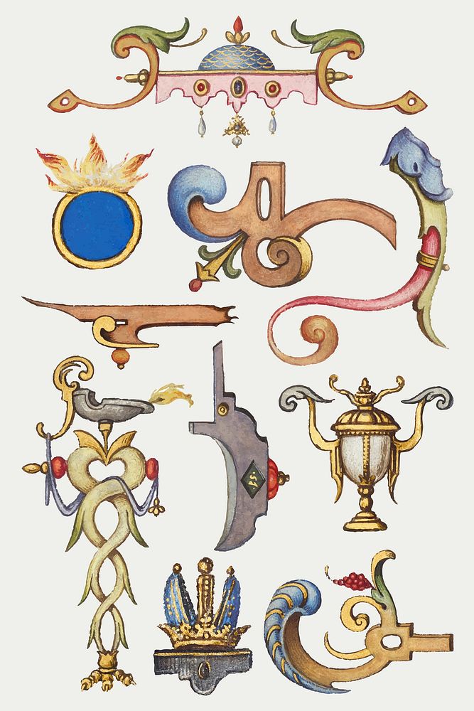 Victorian ornamental objects vector hand drawn, remix from The Model Book of Calligraphy Joris Hoefnagel and Georg Bocskay