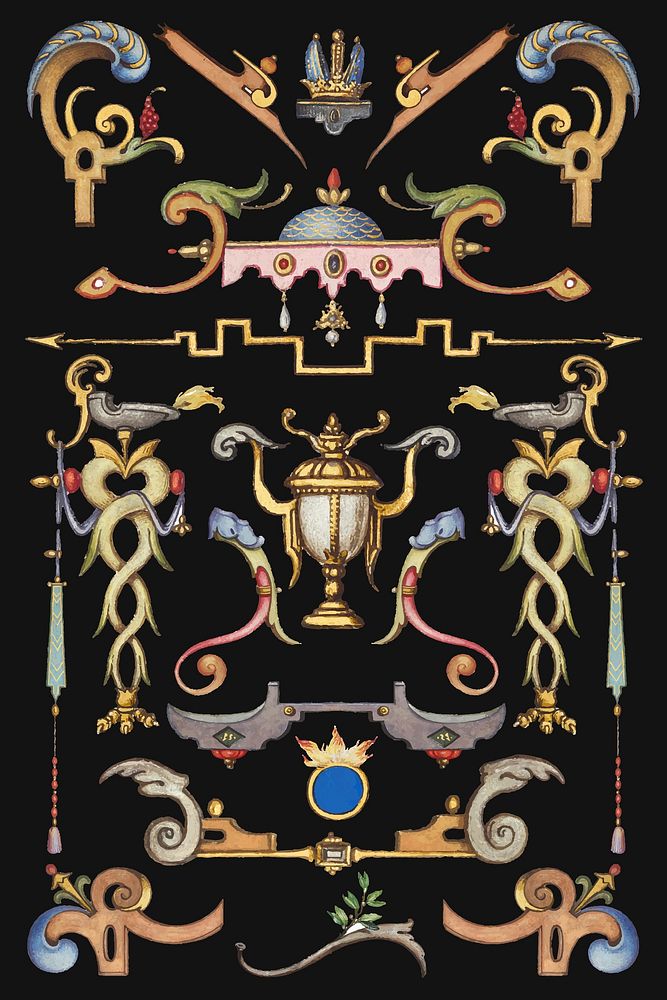 Victorian ornamental objects vector hand drawn, remix from The Model Book of Calligraphy Joris Hoefnagel and Georg Bocskay