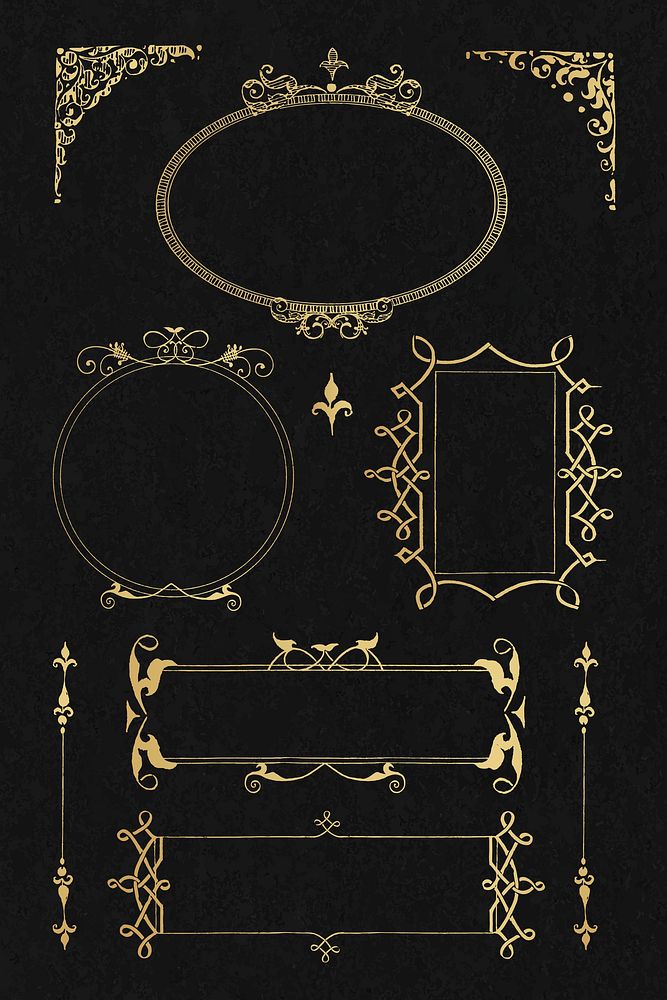 Gold Victorian frame border vector ornament collection, remix from The Model Book of Calligraphy Joris Hoefnagel and Georg…