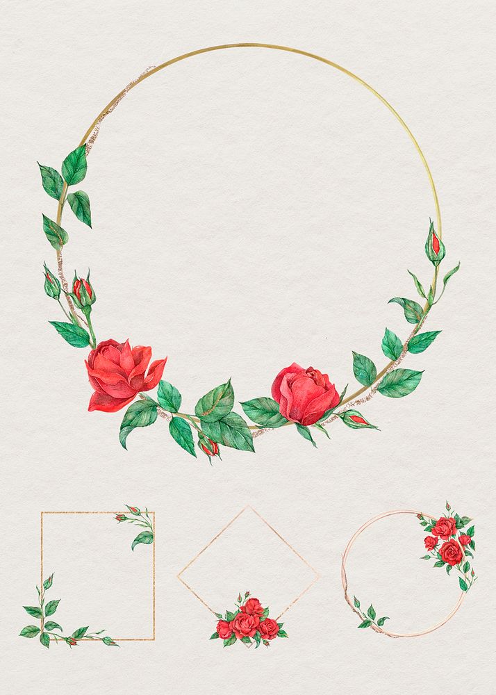 Gold frame with red rose illustration set