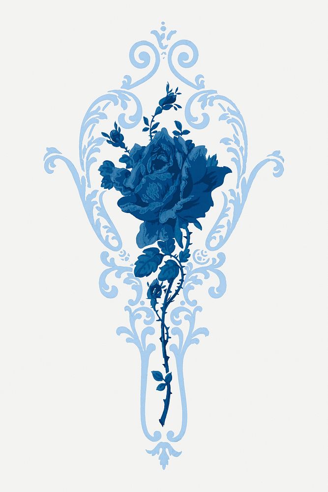 Psd blue rose ornamental vintage botanical illustration