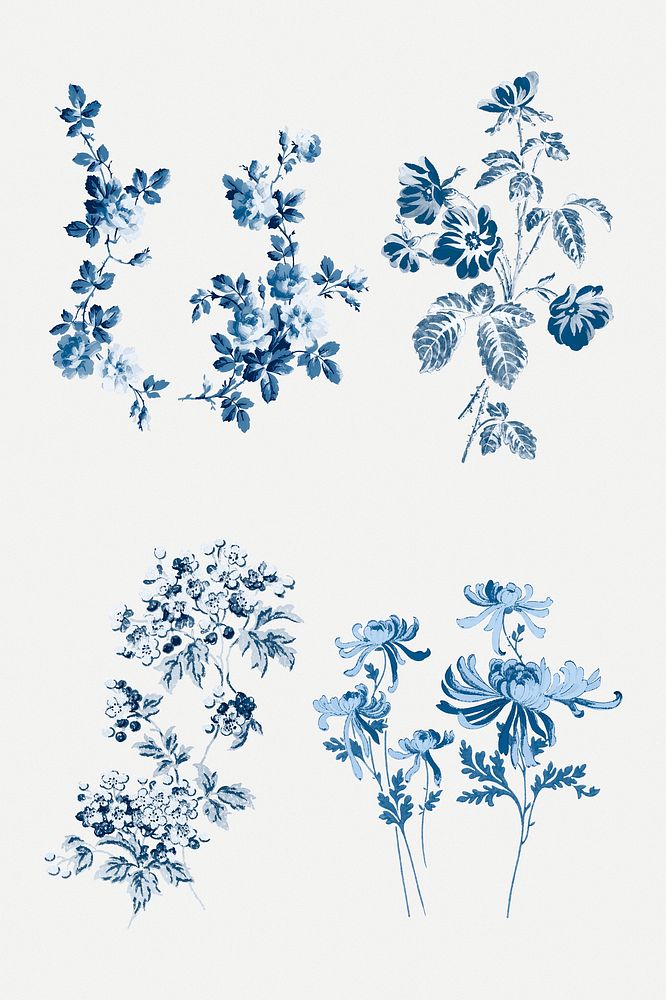 Psd blue flowers vintage illustration collection