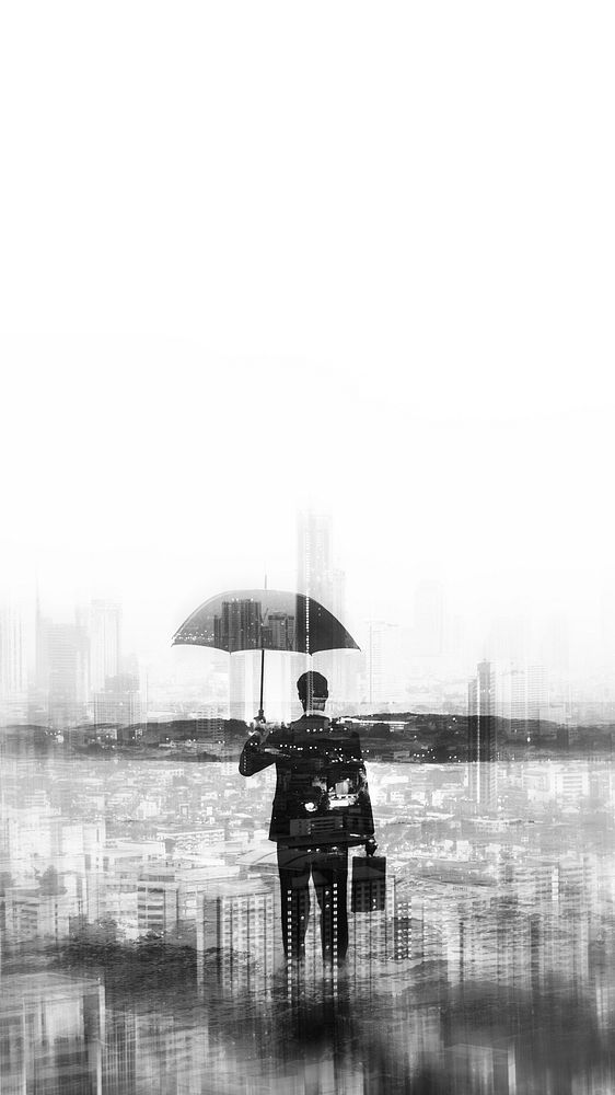 Businessman in suit holding umbrella in city mobile phone wallpaper