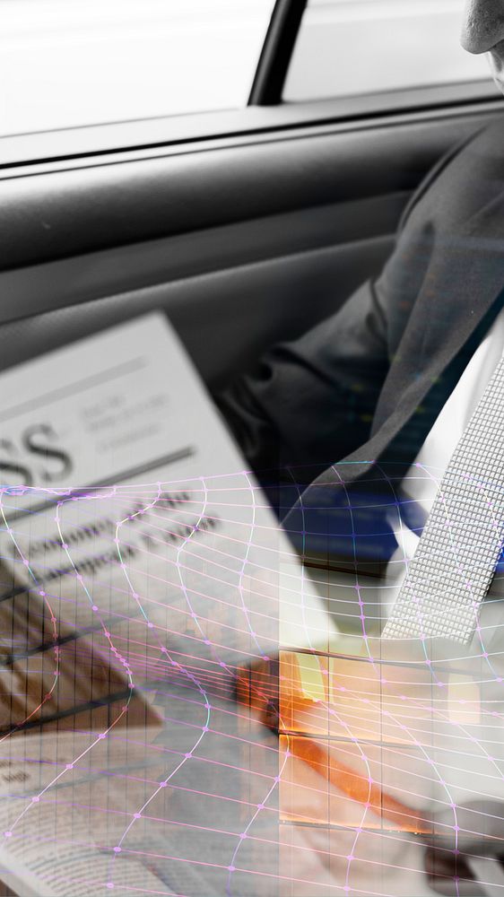 Businessman reading newspaper at his car background