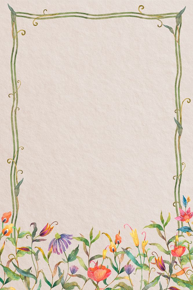 Green frame with watercolor flowers on beige background