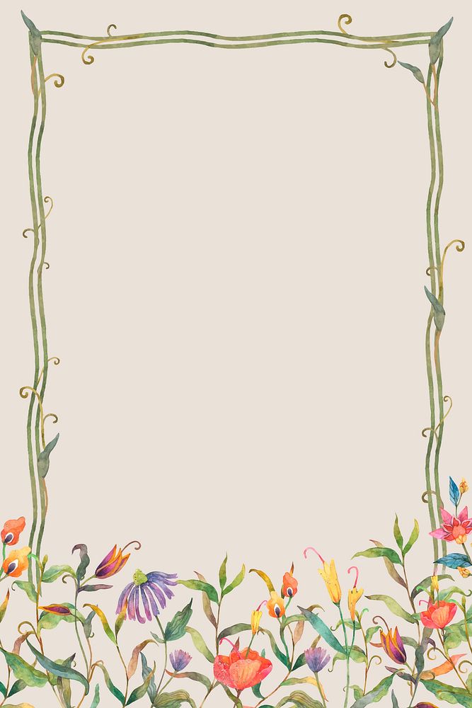 Green frame vector with watercolor flowers on beige background