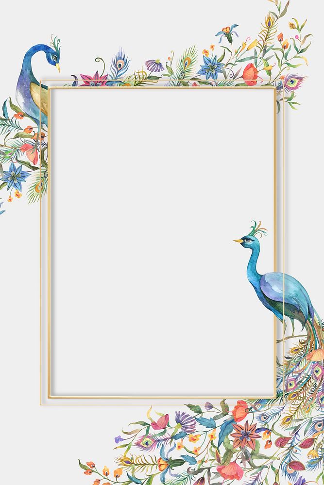 Gold frame vector with watercolor flower and peacock illustration