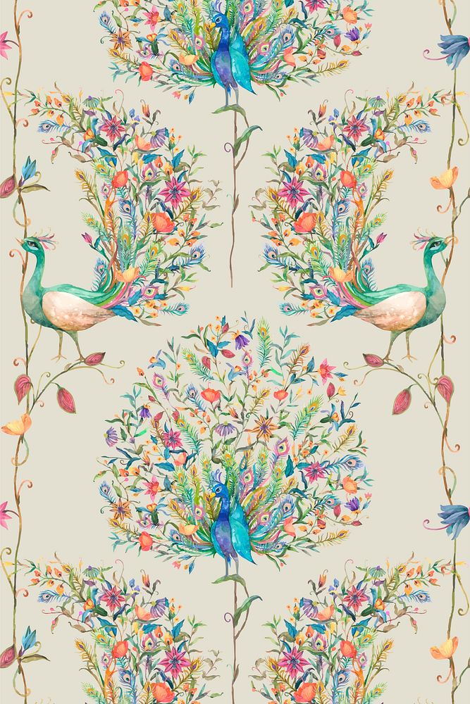 Pattern background vector with watercolor peacock and flower illustration
