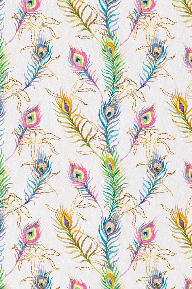 Background of colorful peacock feather watercolor pattern