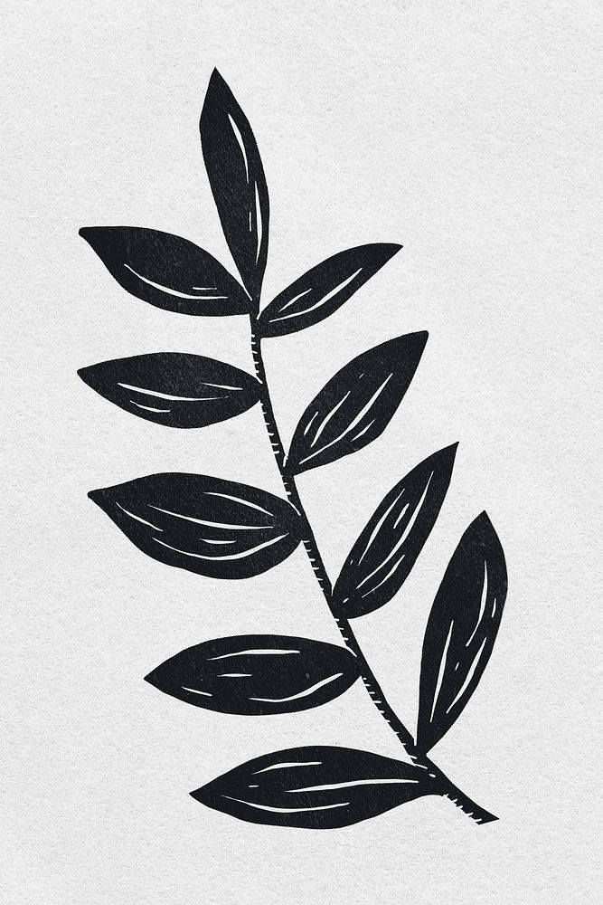 Vintage leaf psd black linocut drawing
