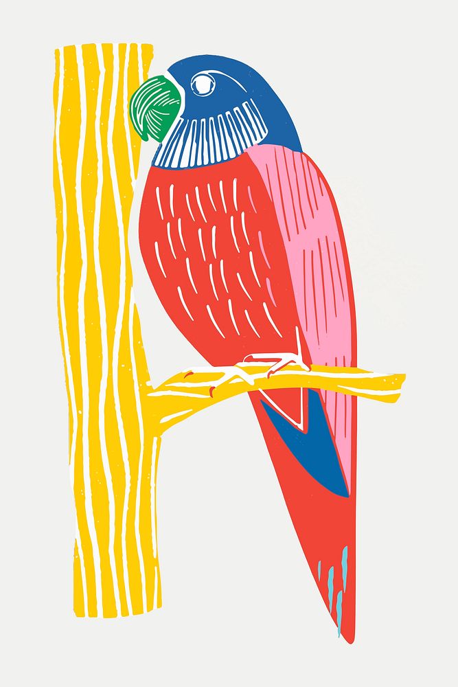 Vintage cockatoo colorful bird linocut clipart