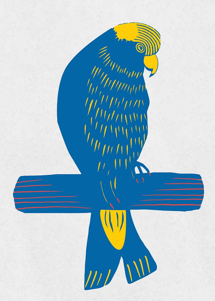 Vintage blue cockatoo vector bird linocut clipart
