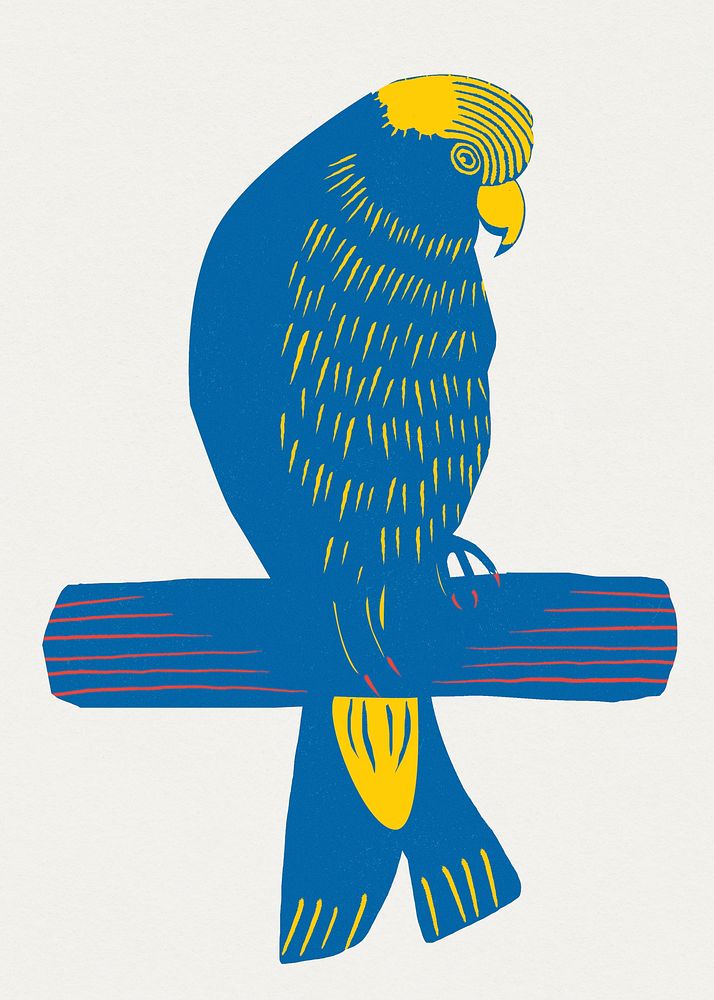 Vintage blue cockatoo psd bird linocut clipart