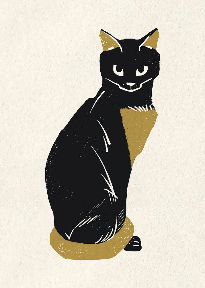 Vintage cat gold black linocut clipart
