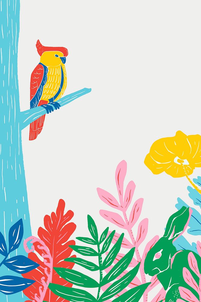 Vintage animals frame vector colorful linocut jungle background