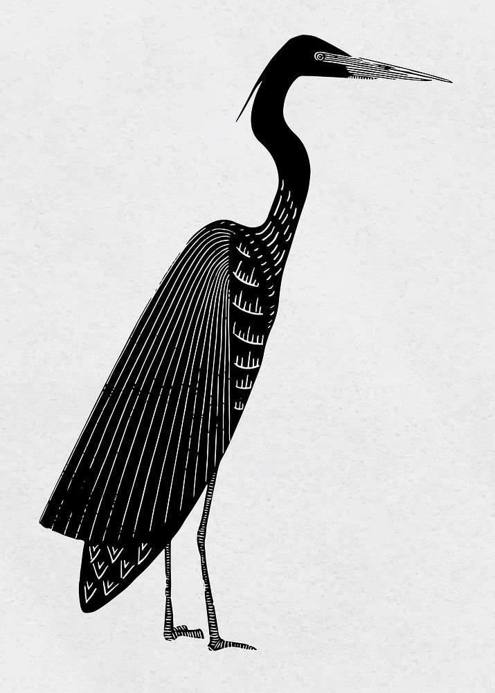 Black woodcut heron vintage clipart