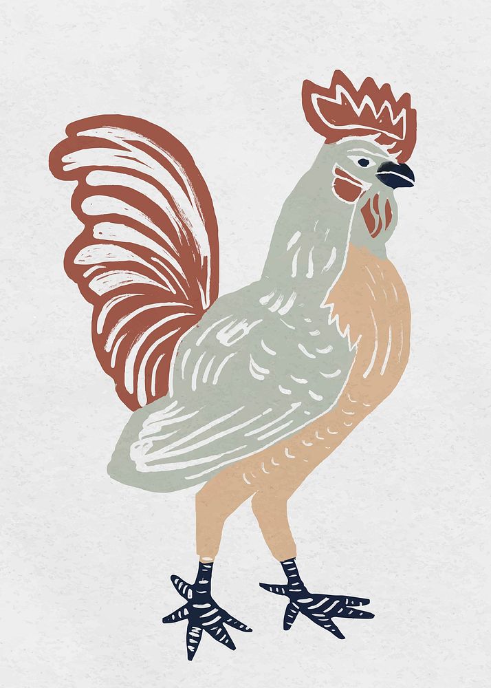 Vintage rooster vector bird linocut drawing