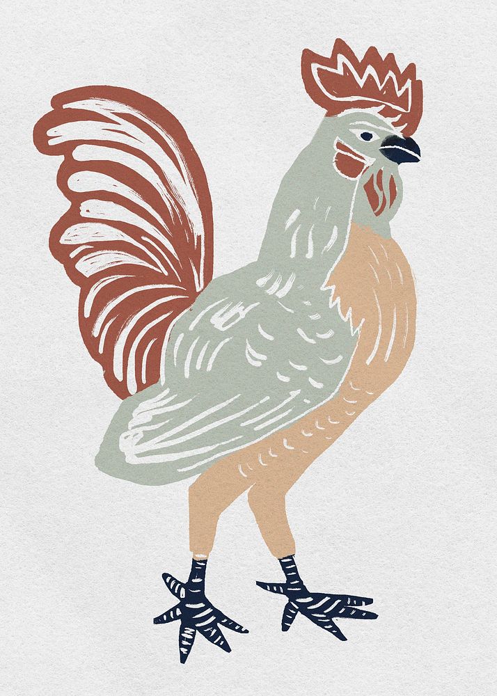 Vintage rooster psd bird linocut drawing
