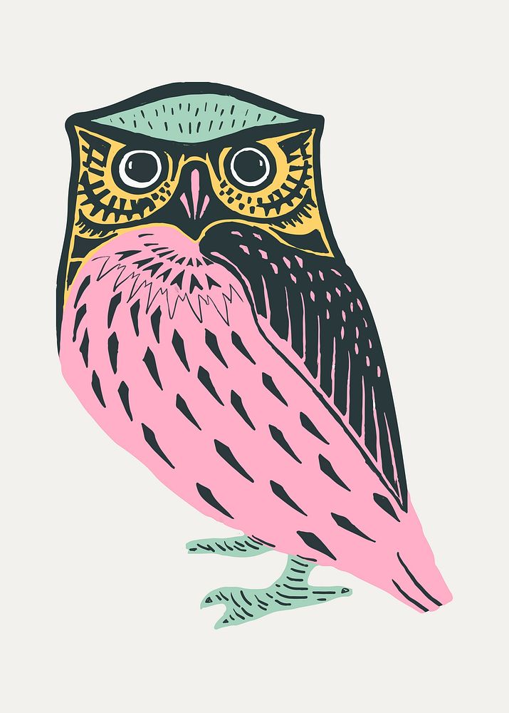 Vintage colorful owl bird linocut style illustration