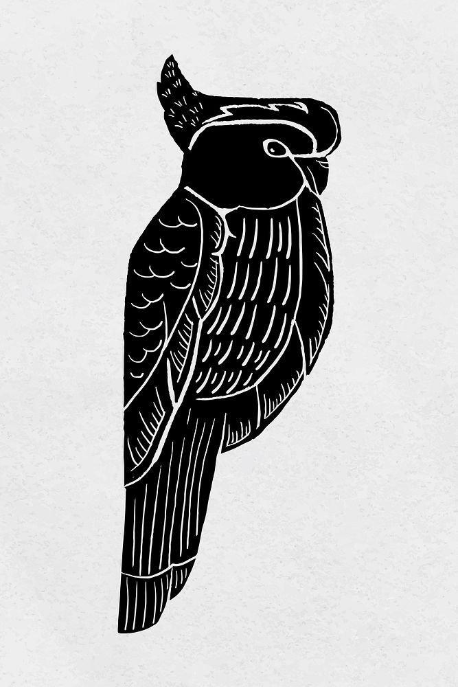 Vintage cockatoo bird linocut black clipart