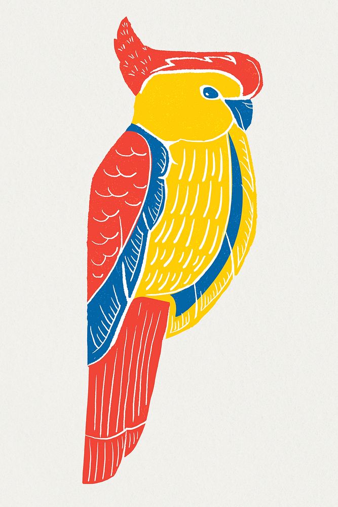 Vintage parrot psd colorful bird linocut clipart