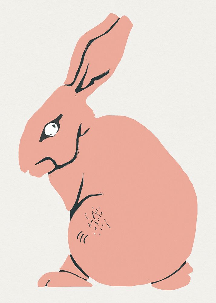 Vintage linocut peach rabbit psd animal hand drawn
