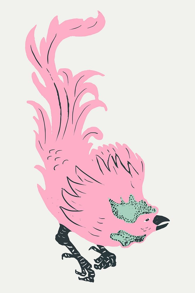 Vintage pink rooster vector linocut style