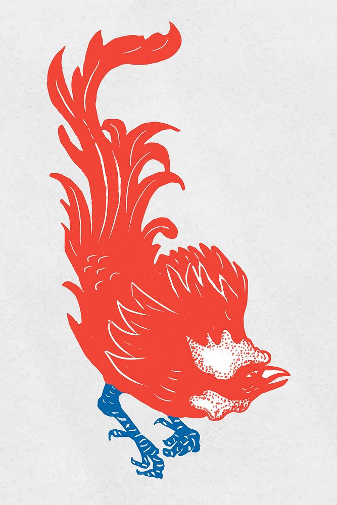 Vintage red rooster linocut animal illustration