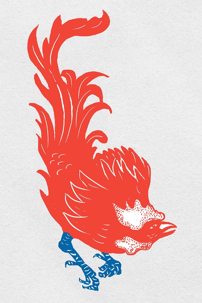 Vintage red rooster psd linocut animal clipart