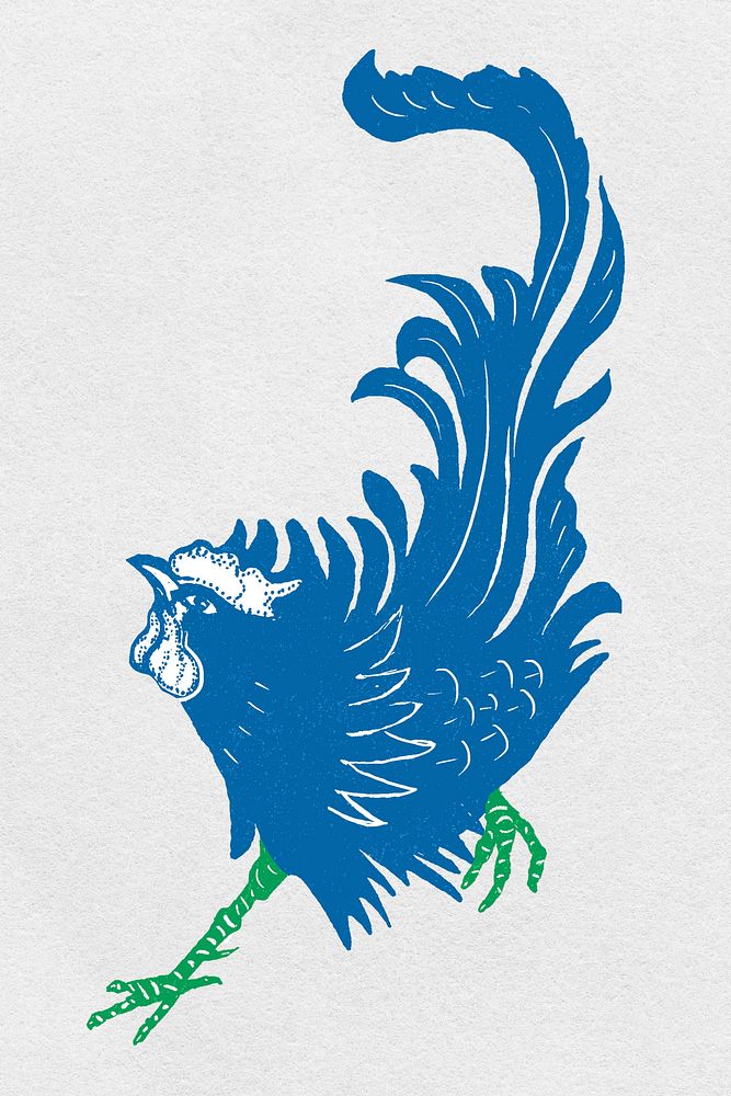 Vintage blue rooster psd linocut animal clipart