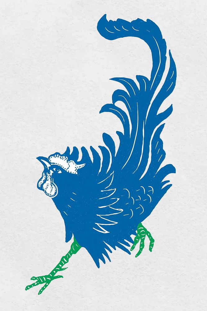 Vintage rooster vector blue stencil animal illustration