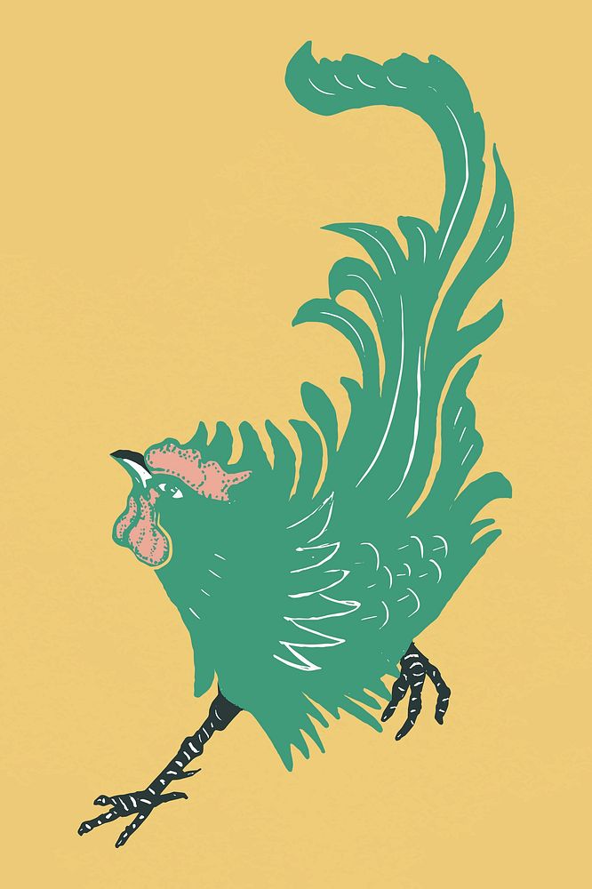 Vintage green rooster bird linocut style