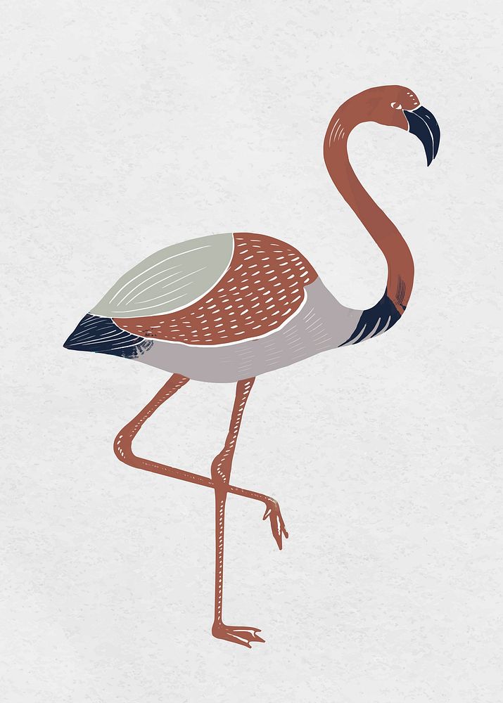 Earth tone flamingo vector vintage linocut hand drawn