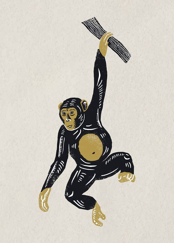 Gold black monkey vector animal linocut clipart