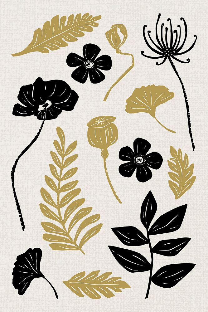 Gold black plants vector floral clipart set