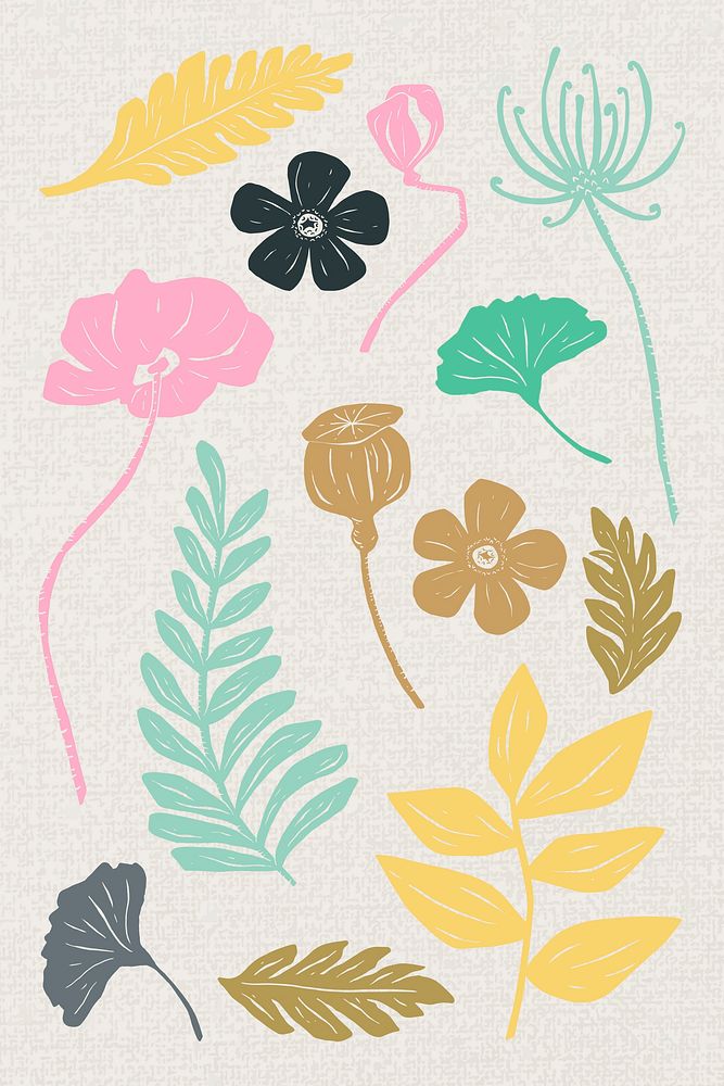 Vintage blooming flowers vector linocut style illustration set