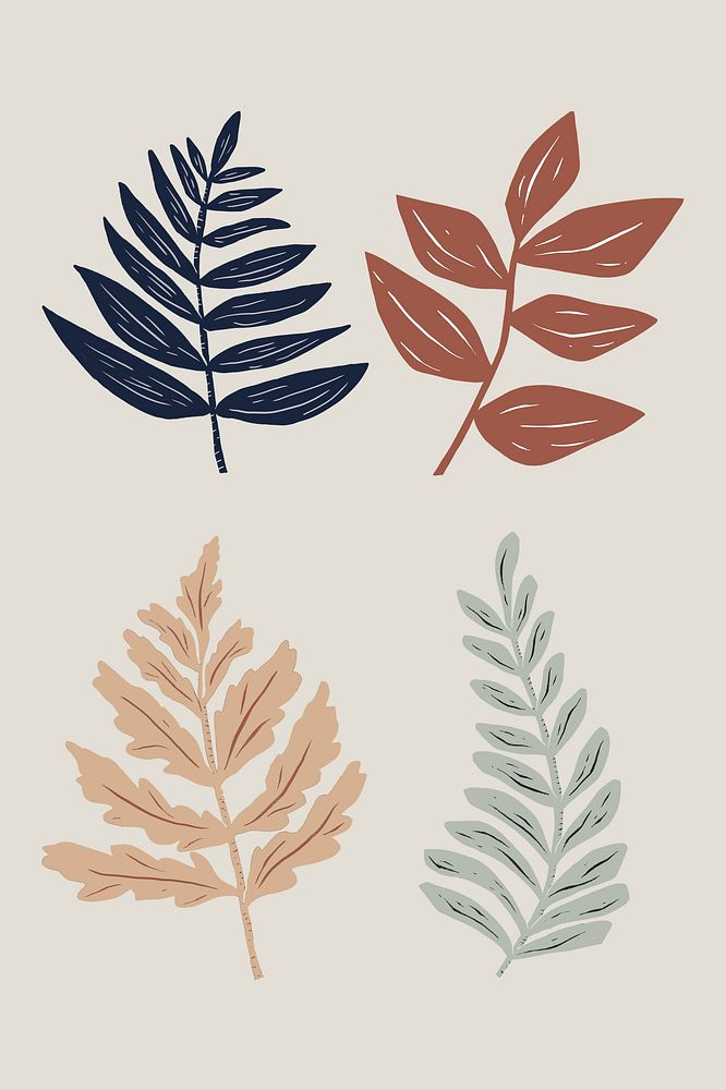 Vintage leaves plant linocut style collection