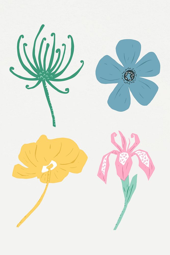 Vintage blooming flowers vector linocut style illustration collection