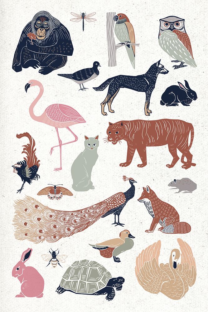 Vintage wild animals drawing psd collection