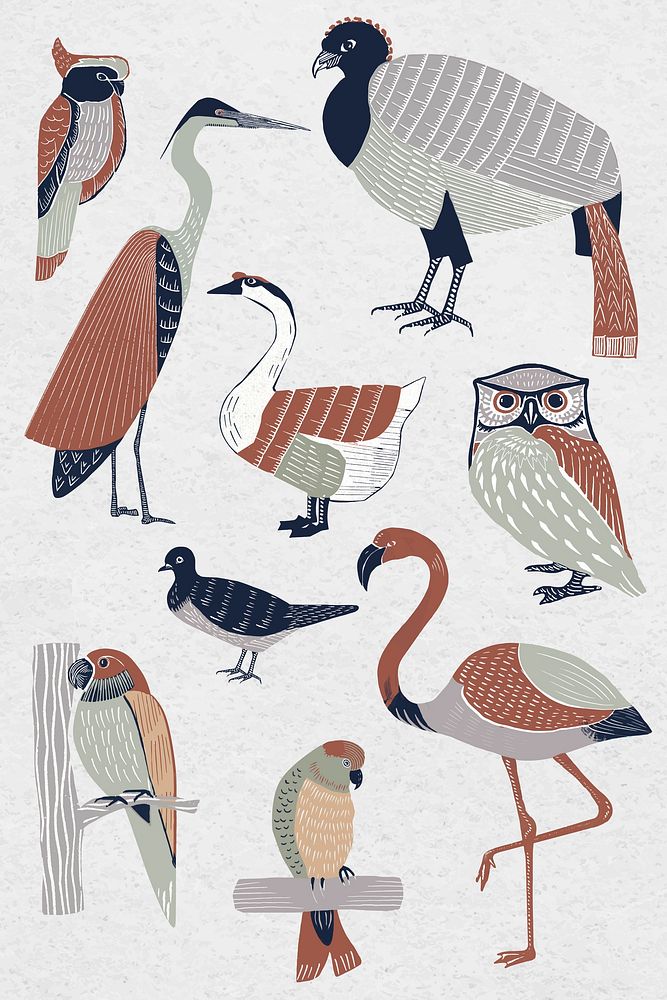 Vintage wild birds vector linocut drawing collection
