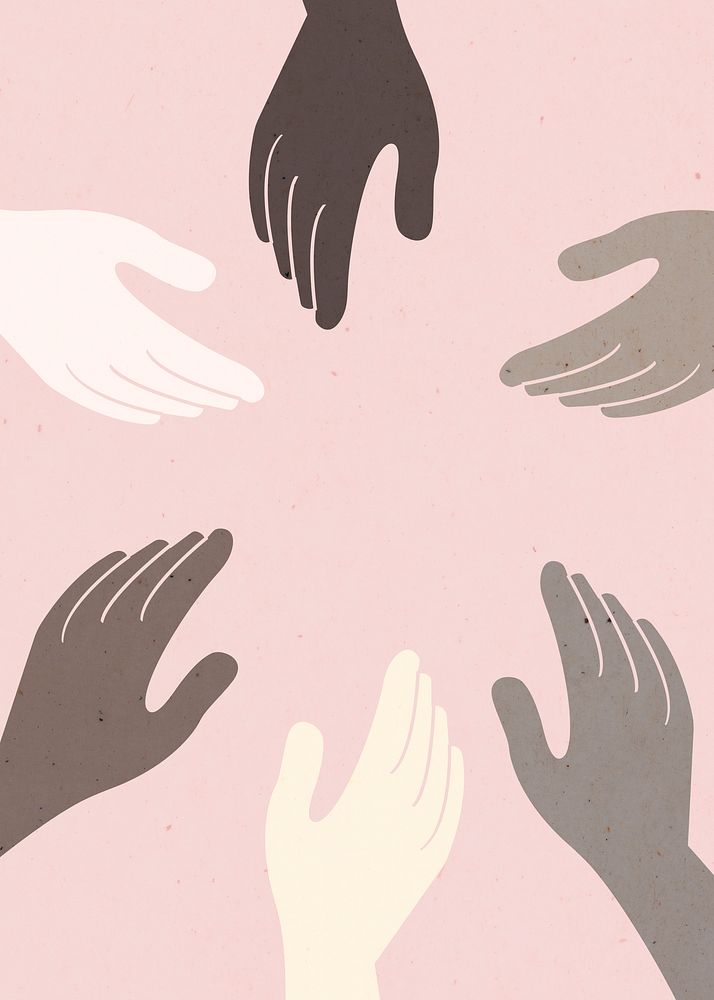 Colorful diverse united hands illustrations on pink background